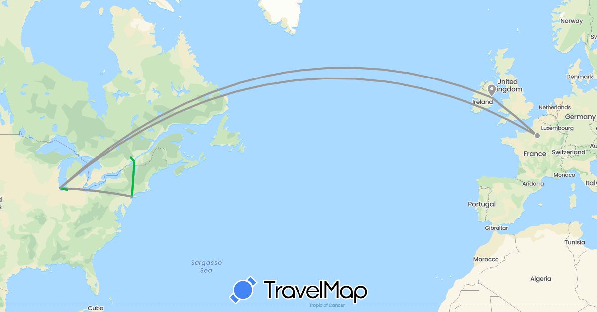 TravelMap itinerary: bus, plane, train in Canada, France, Ireland, United States (Europe, North America)