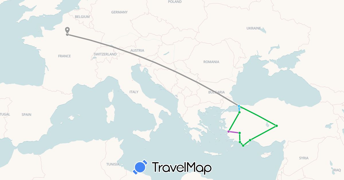TravelMap itinerary: bus, plane, train, boat in France, Turkey (Asia, Europe)