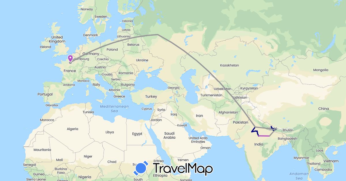 TravelMap itinerary: driving, bus, plane, train in France, India, Nepal, Russia (Asia, Europe)